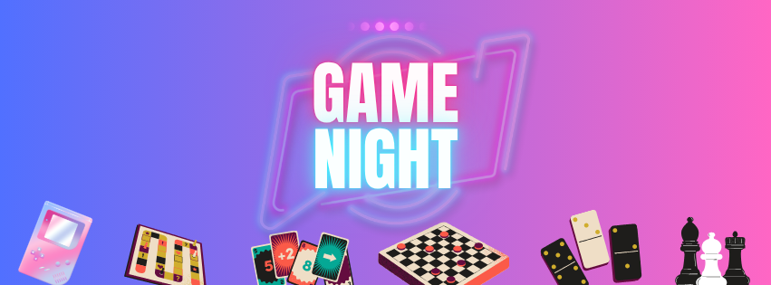 Family Game Night "Game Night" banner with illustrations of board games, cards, dominoes, and a game console.